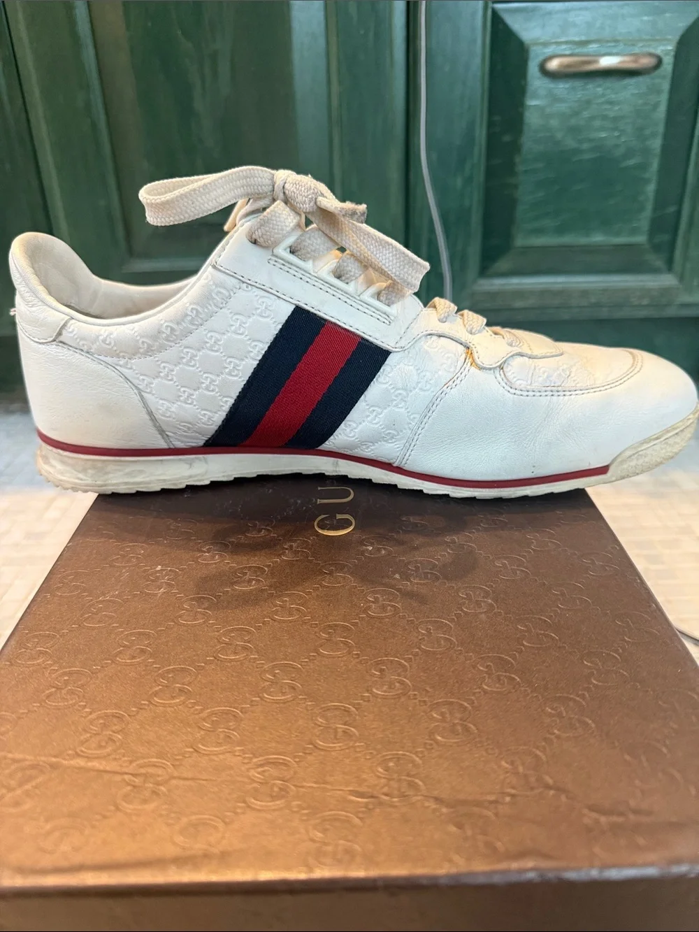 Gucci Men’s Micro Guccissima Leather Sneakers with Red & Navy Stripe